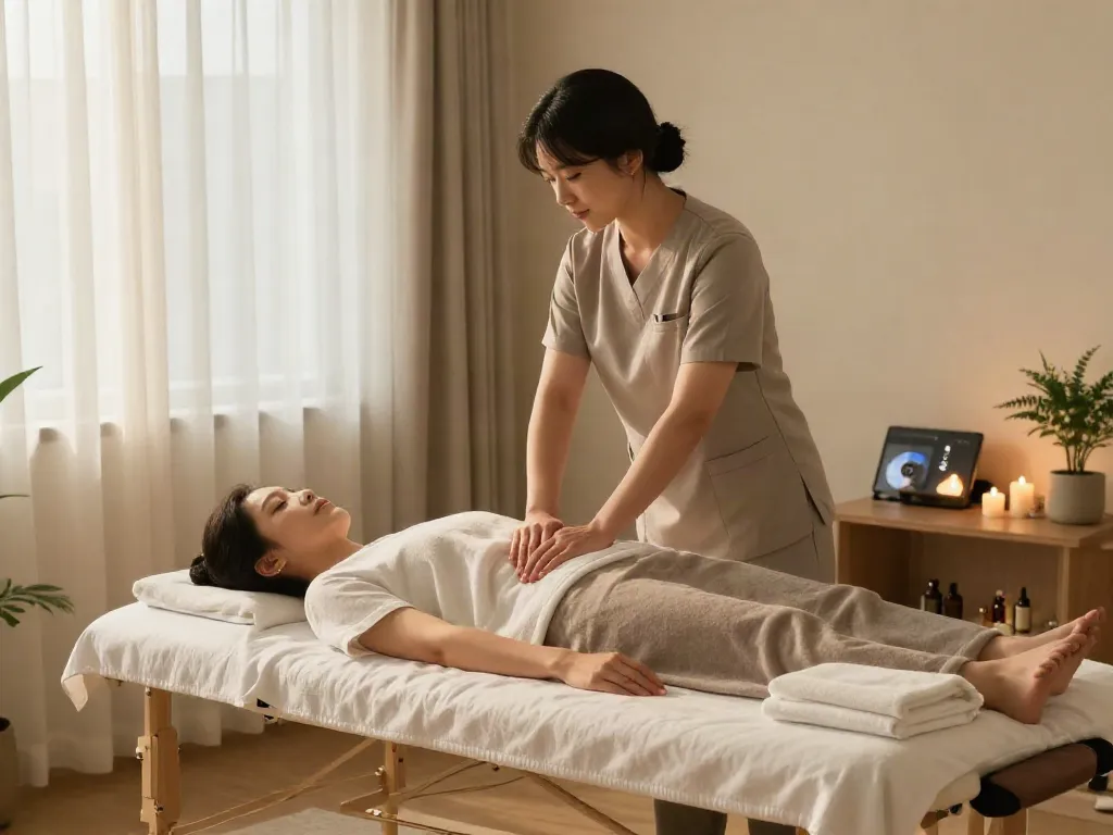 Relaxing 강동구출장마사지 home scene with therapist preparing soothing environment.
