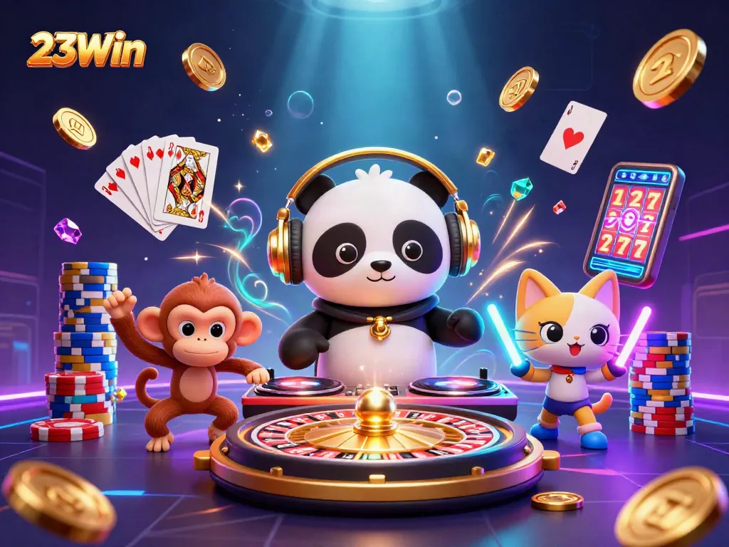 Experience the excitement at 23Win with a DJ panda party surrounded by casino elements.