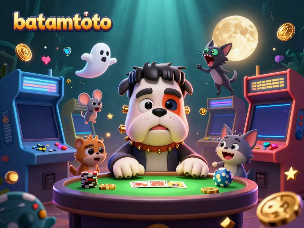 Experience batamtoto with a 3D cartoon Frankenstein dog dealing cards at a spooky casino table.