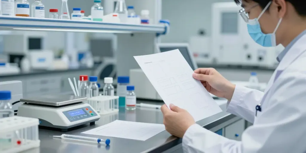 Scientist analyzing Adamax peptide samples in a modern laboratory setting with vials and analytical equipment.