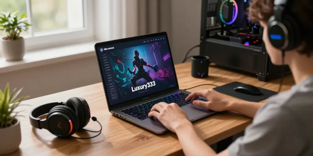 Luxury333 online gaming setup featuring modern accessories and warm lighting.