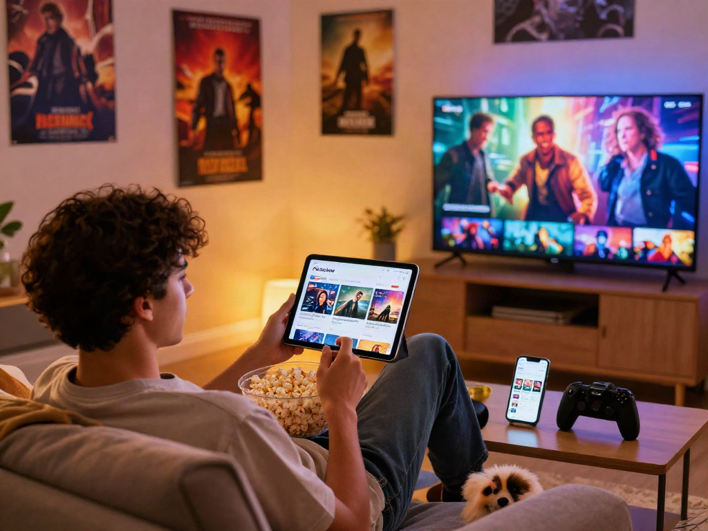 Delighted user engaging with Pikashow app on tablet for an immersive entertainment experience.
