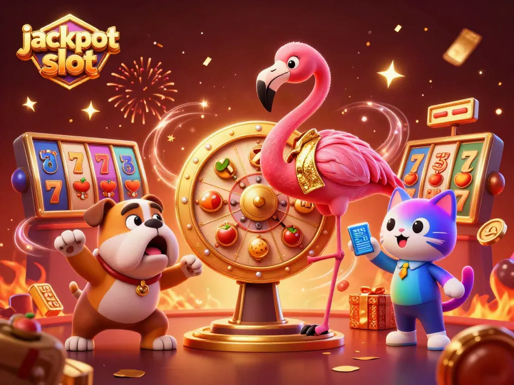 Spin the jackpot slot reels for exciting wins in this vibrant casino scene featuring playful characters.