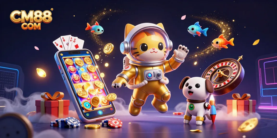Win big at CM88 COM with exciting games in this vibrant 3D casino scene illustration.