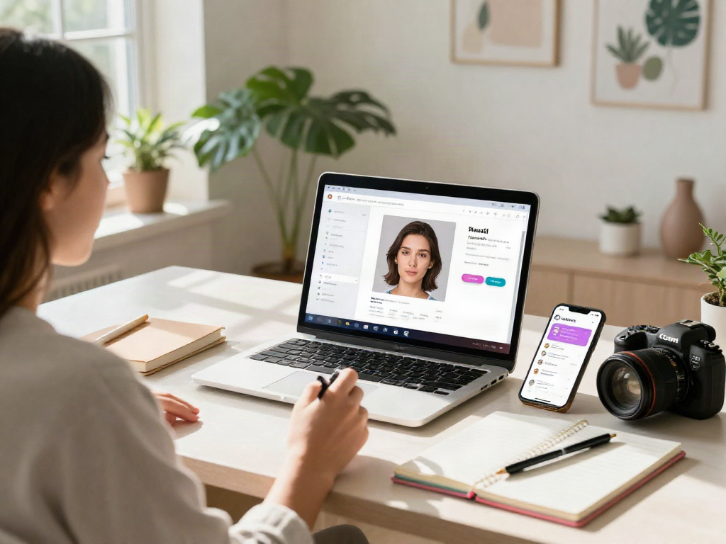 Engaged user taking an attractiveness test online with AI software.