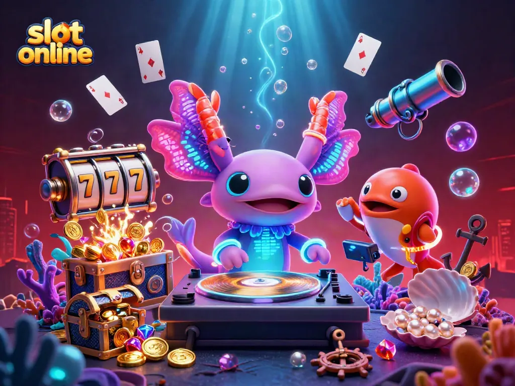Engage with slot online action featuring vibrant characters celebrating amidst treasure and game elements.