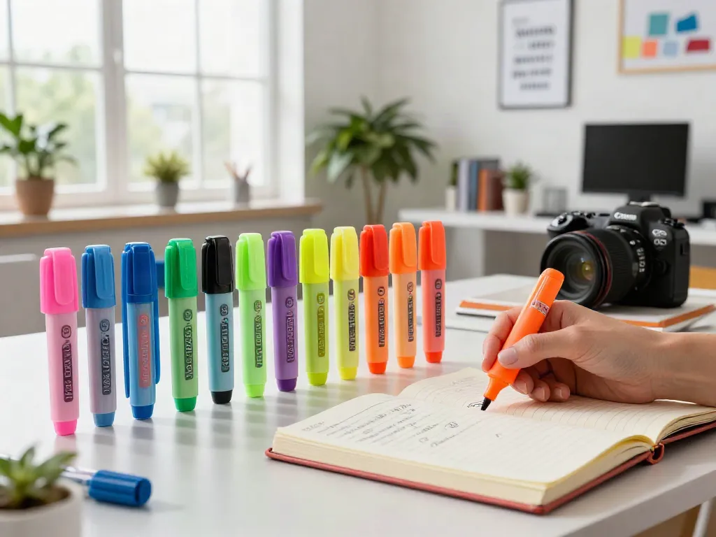 Highlighter pen supplier showcasing vibrant pens in a modern workspace, ideal for stationery lovers.