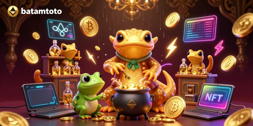 Engage with batamtoto through a vibrant 3D casino scene of alchemists and crypto elements.