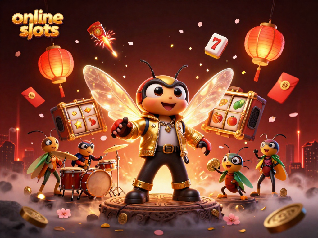 Engage with online slots through a vibrant 3D scene featuring a rock star cicada and thrilling casino elements.