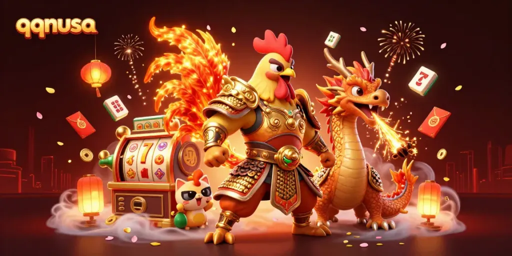 Engage with the lively world of qqnusa, featuring an epic samurai rooster and dragon ready for casino adventures.