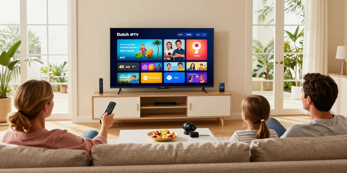 Gezellige sfeer met gezin dat geniet van Nederland IPTV op een grote 4K TV.