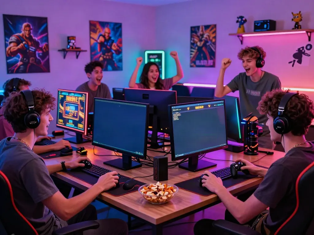 Friends enjoying online slot games together in a vibrant gaming room atmosphere.