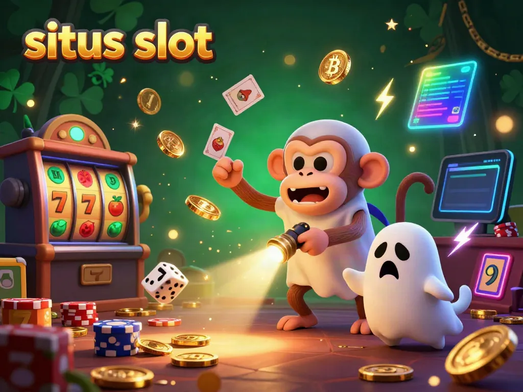 Engage with situs slot as a playful monkey juggles gold in a haunted casino, tracked by a curious puppy.