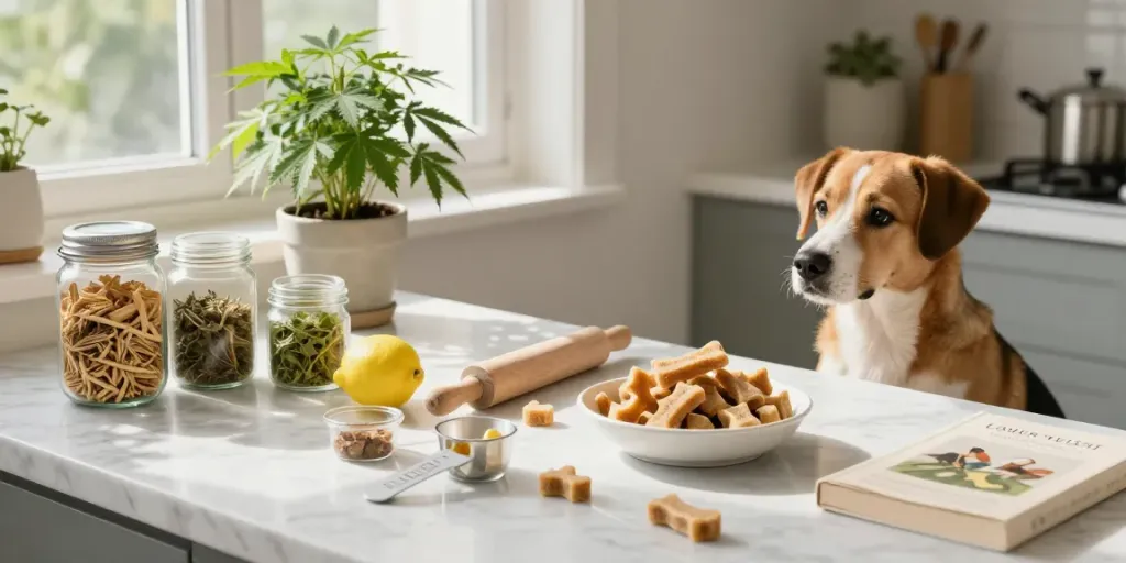Calming Dog Treats preparation in a wellness-focused kitchen with ingredients promoting relaxation for dogs.