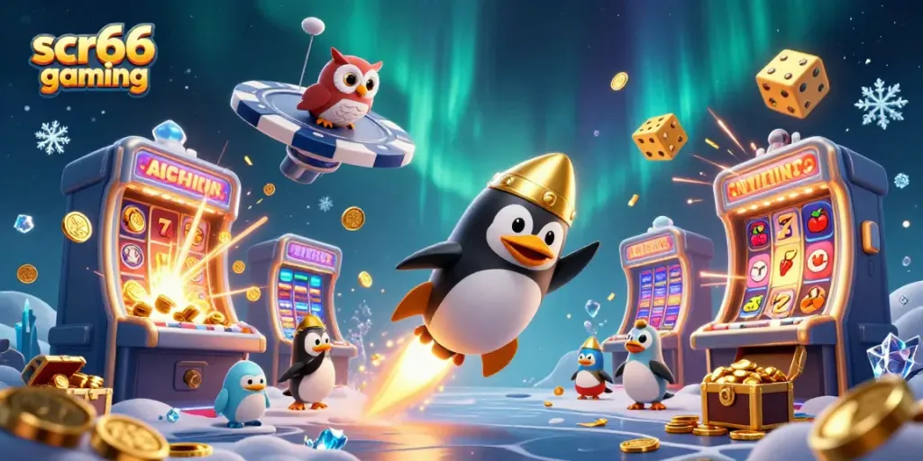 Experience scr66 gaming with a dynamic 3D scene of a golden penguin soaring to a poker chip casino.
