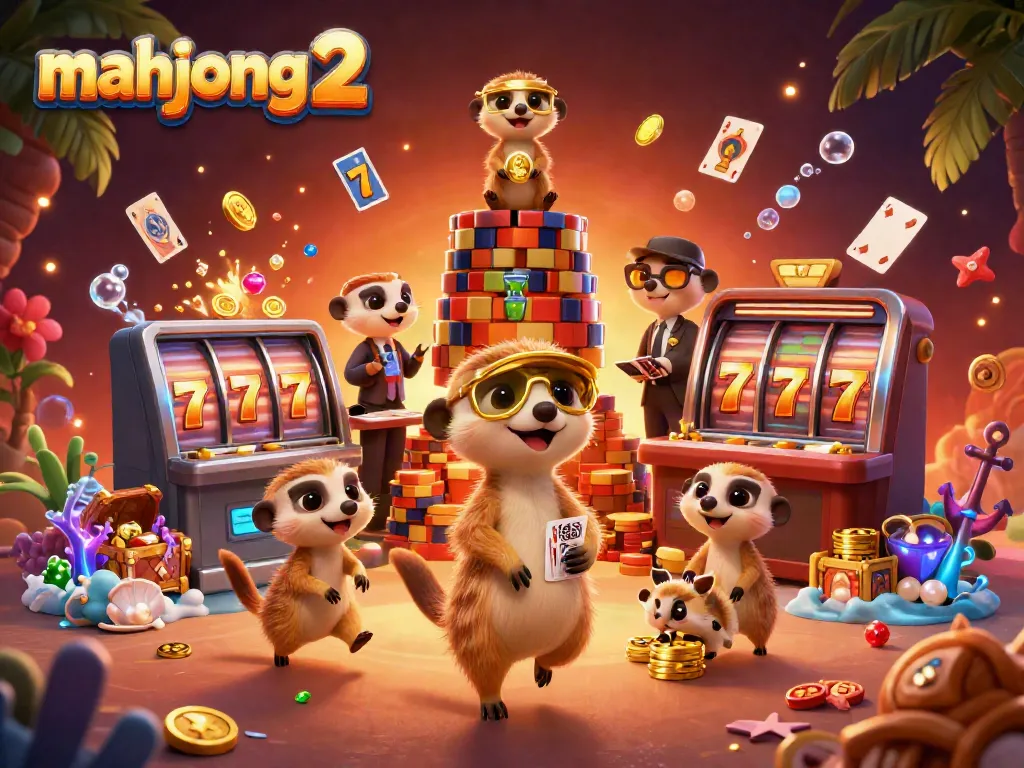 Experience thrilling wins with Mahjong 2 in a vibrant, dynamic casino setting, featuring lively meerkat characters.