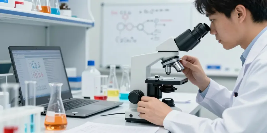 Laboratory scientist examining peptide samples, showcasing peptide.price research.