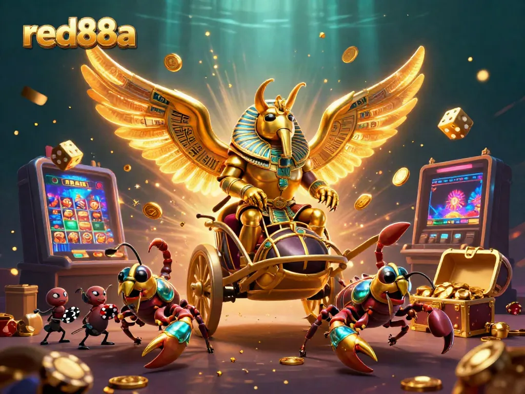 Experience thrilling jackpots at red88a with our vibrant casino illustration featuring a colossal scarab beetle.