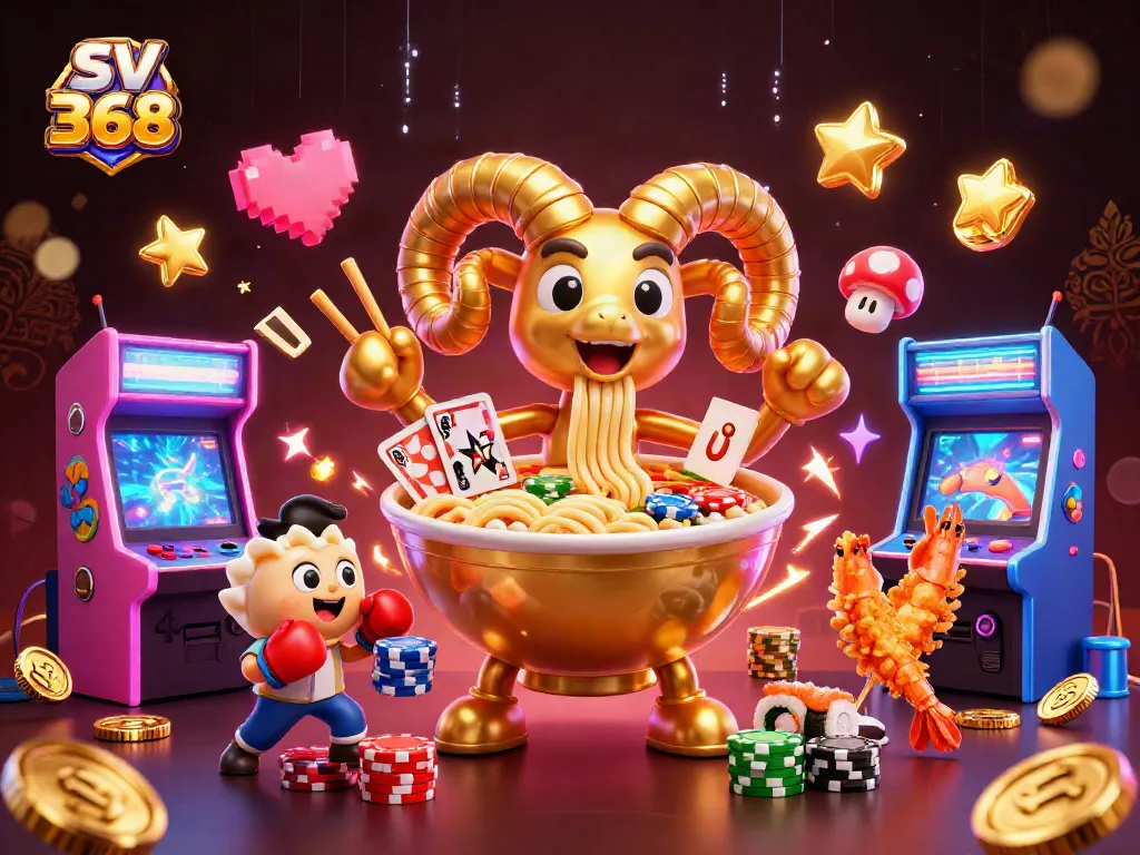 Engage with sv 368's online excitement featuring a giant ramen bowl dealer in a vibrant casino atmosphere.