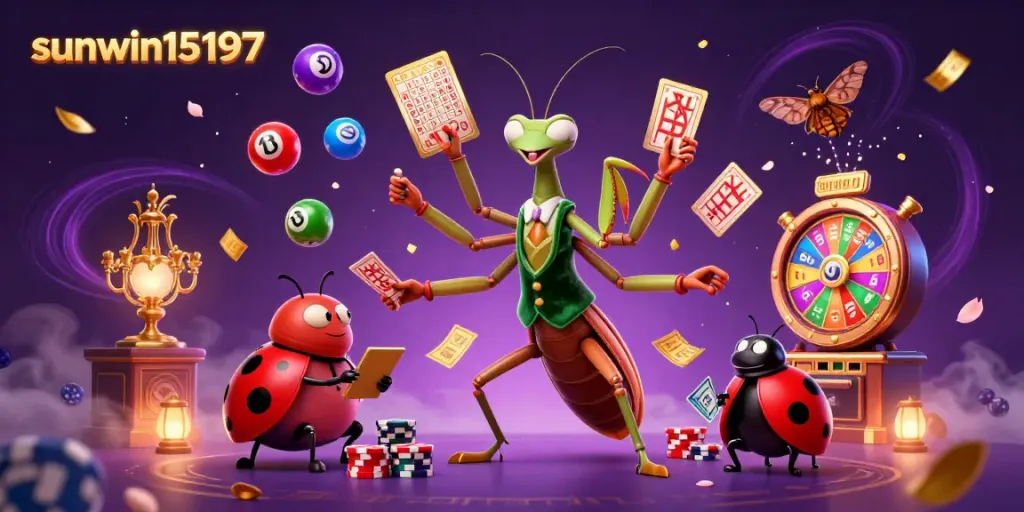 Experience the excitement at sunwin15197 with dynamic 3D casino characters amidst vibrant lottery and gaming elements.