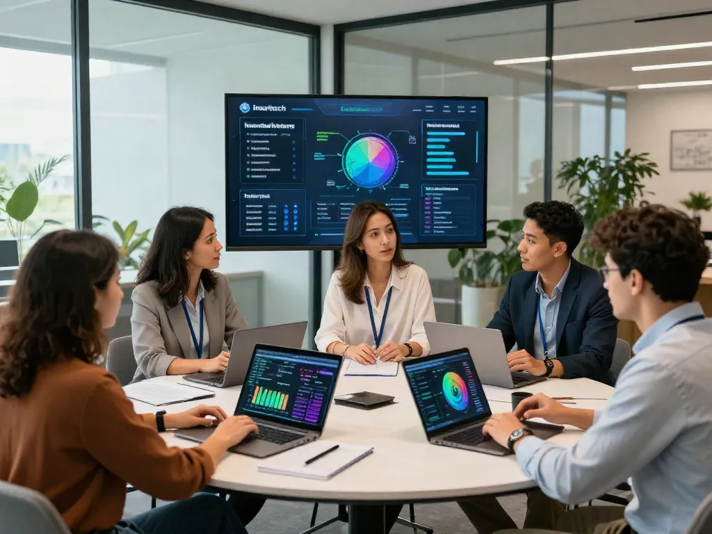 Insurtech professionals collaborating during discussions on startup funding news in a modern conference room.