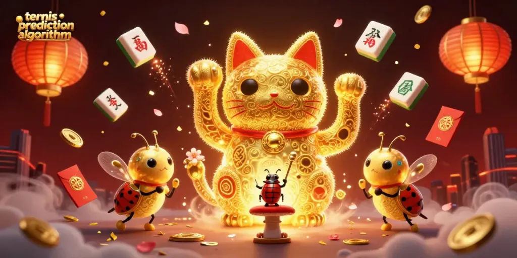 Engage with our tennis prediction algorithm using this vibrant illustration of a lucky cat and fireflies in a casino setting.
