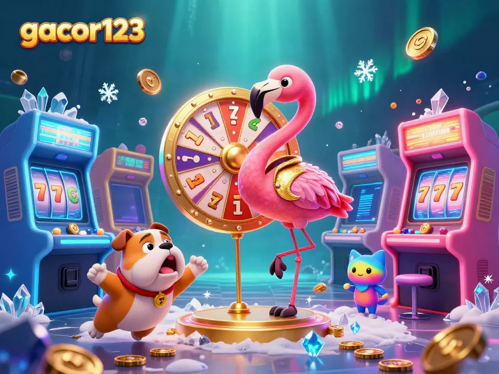 Engaging gacor123 gaming scene showcasing a flamingo host, bulldog contestant, and cat assistant with vibrant casino elements.