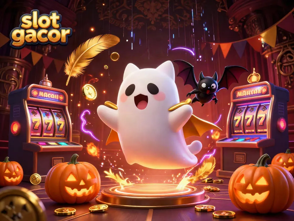 Experience the excitement of slot gacor with a ghost cat and vampire bat in a haunted casino scene.
