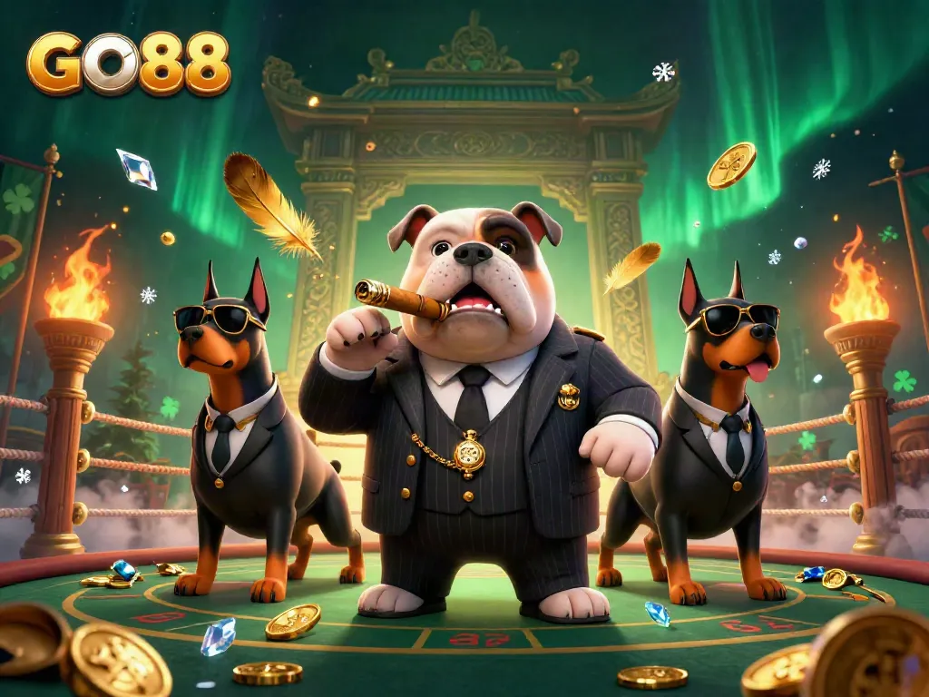 Experience excitement and wins at GO88 with a mafia boss bulldog and bodyguard Dobermans in a vibrant casino scene.