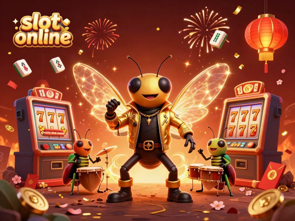 Experience the thrill of slot online with a vibrant 3D illustration featuring a rock star cicada and whimsical elements.