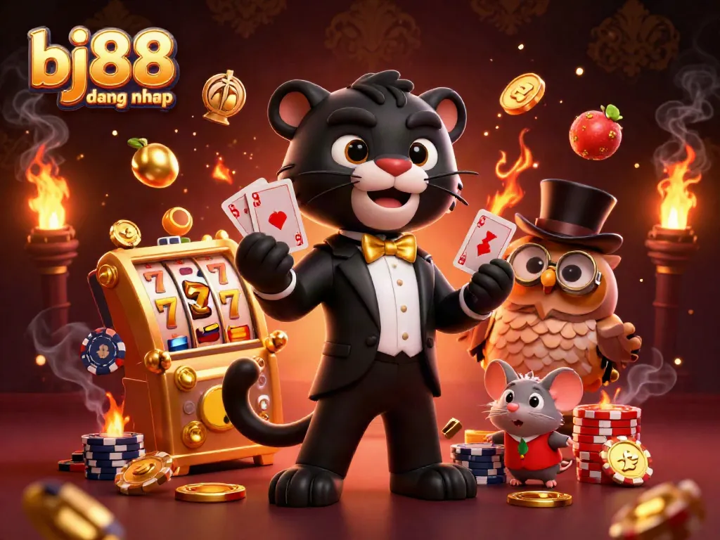 Experience thrilling gameplay at BJ88 dang nhap with a stylish panther, owl and lucky mouse amid slot machines.