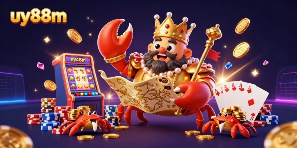 Experience thrilling gameplay at uy88m with a vibrant cartoonish illustration showcasing a golden crab and exciting casino elements.