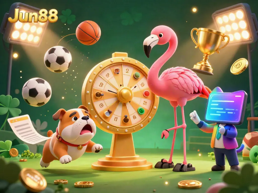 Experience the thrill of Jun88 casino with a game show host flamingo, excited bulldog contestant, and scoreboard cat assistant in a vibrant scene.