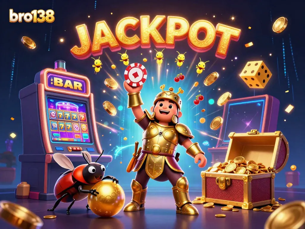 Experience the exciting world of bro138 with an epic jackpot scene featuring colorful characters, dynamic games, and vibrant casino elements.