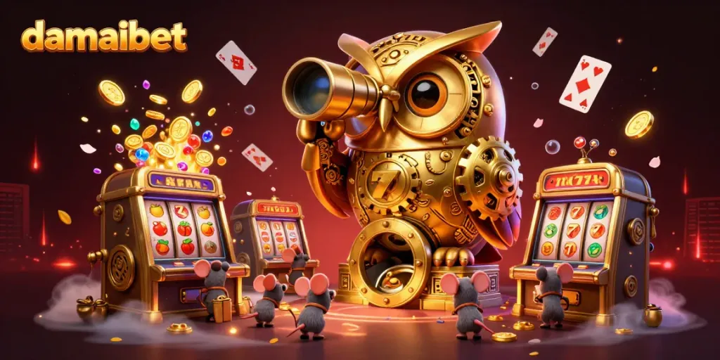Experience the thrill and fun of damaibet with immersive slot games featuring a golden owl and vibrant casino elements.