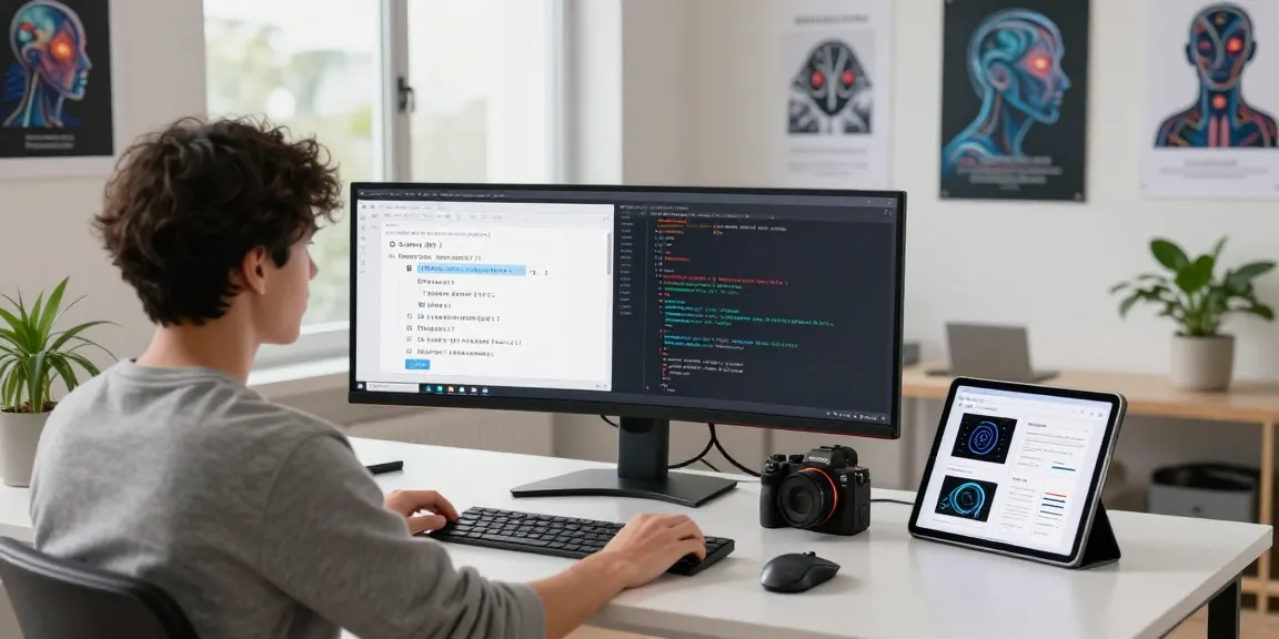 Engaged in ai chat nsfw development, young professional in a modern workspace with a sleek monitor.