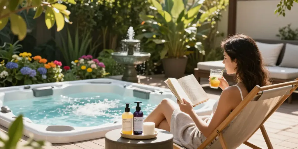 Peaceful outdoor spa scene showcasing spa filter & chemical Sydney with lush greenery and relaxation elements.