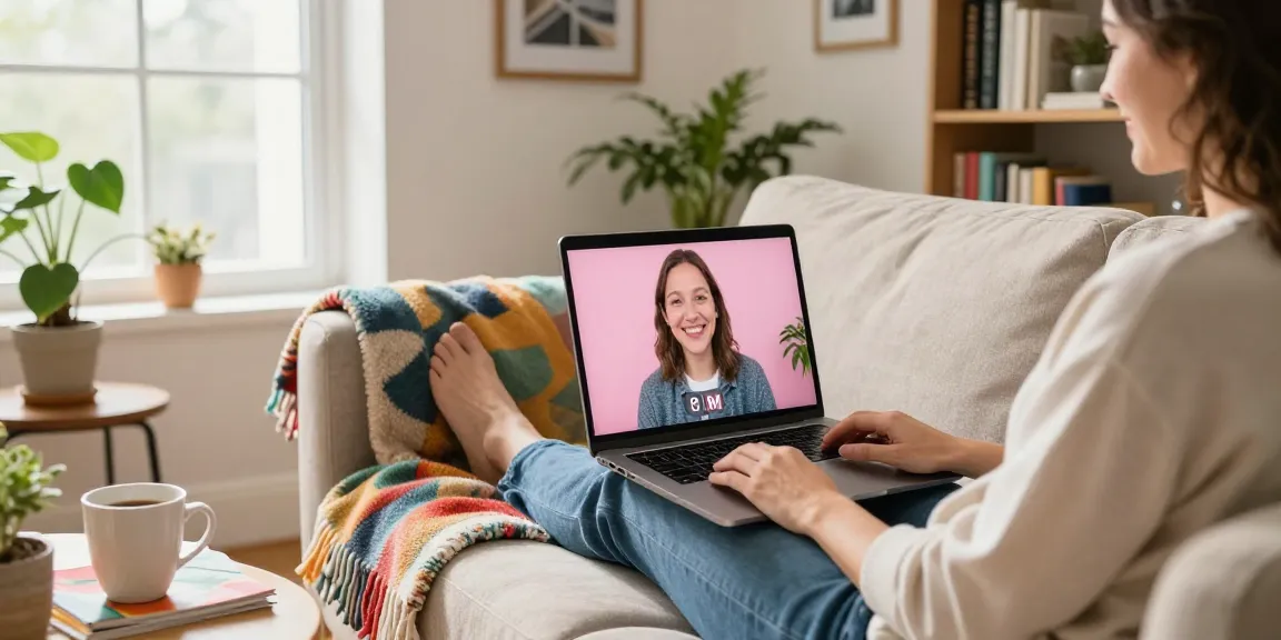Engaging in a pink video chat from a cozy living room, laptop open with warm natural light.