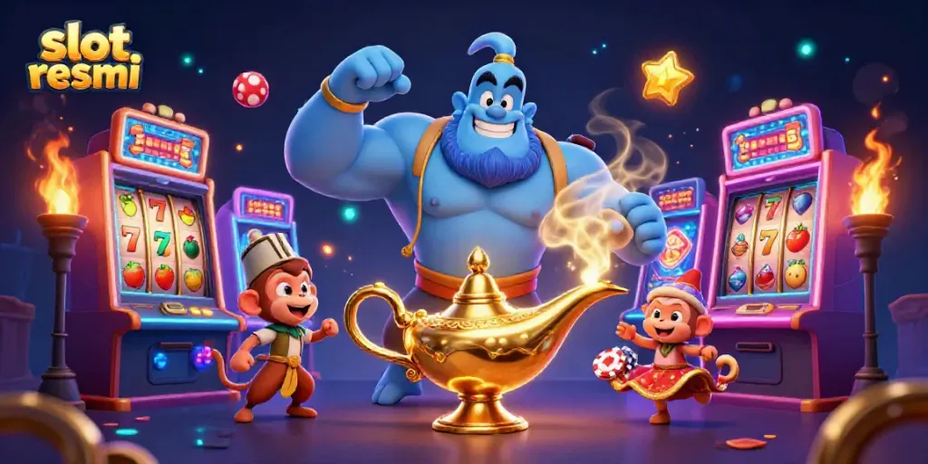 Unleash slot resmi fun with vibrant characters and colorful slot machines in this dynamic casino illustration.