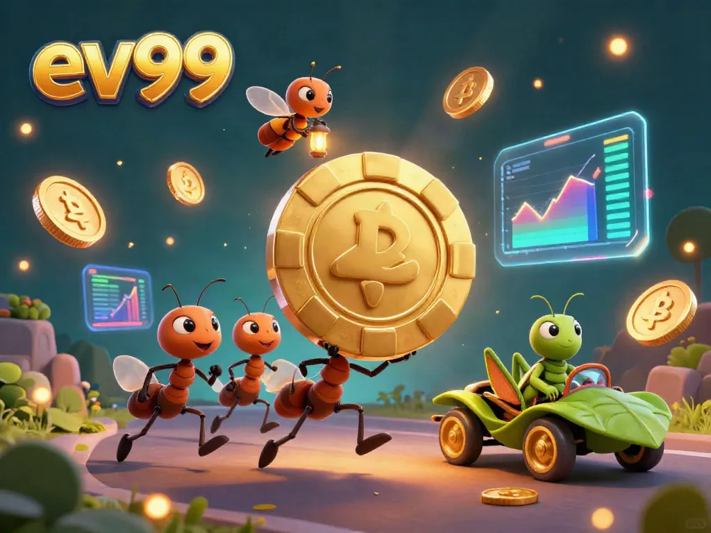 Ev99 ants heist: cartoon characters winning a golden poker chip in a vibrant casino-themed tunnel.