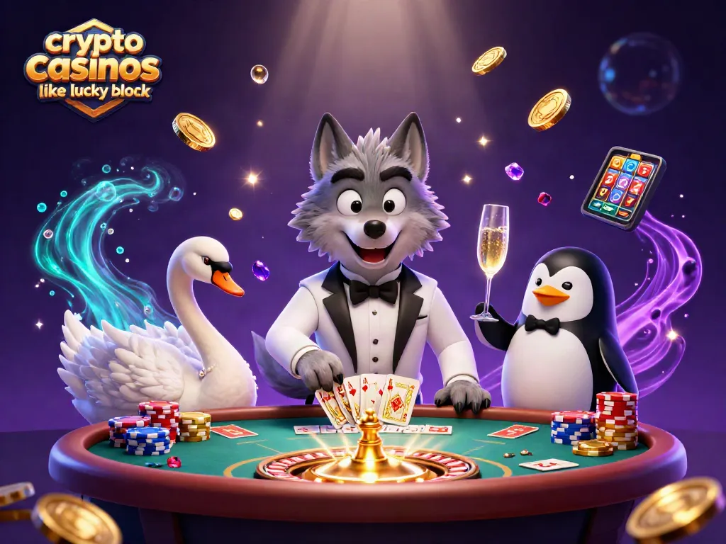 Experience the thrill of crypto casinos like Lucky Block with animated characters at a dynamic gambling table.