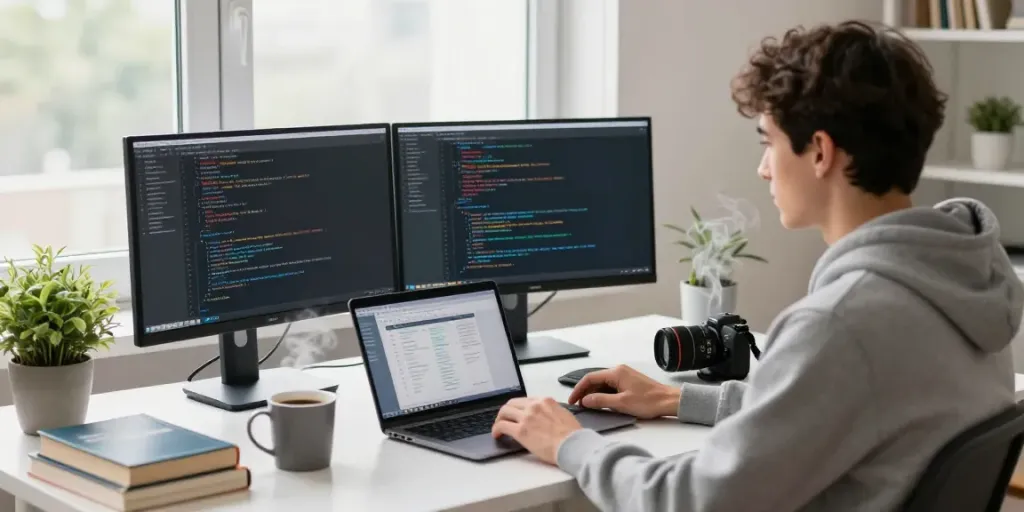 Pengembang menggunakan PGserver di ruang kerja modern dengan komputer dan buku teknis.