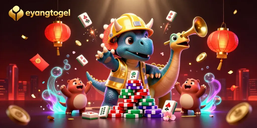 Join the excitement with eyangtogel as a triceratops builds poker chips while mythical creatures celebrate.