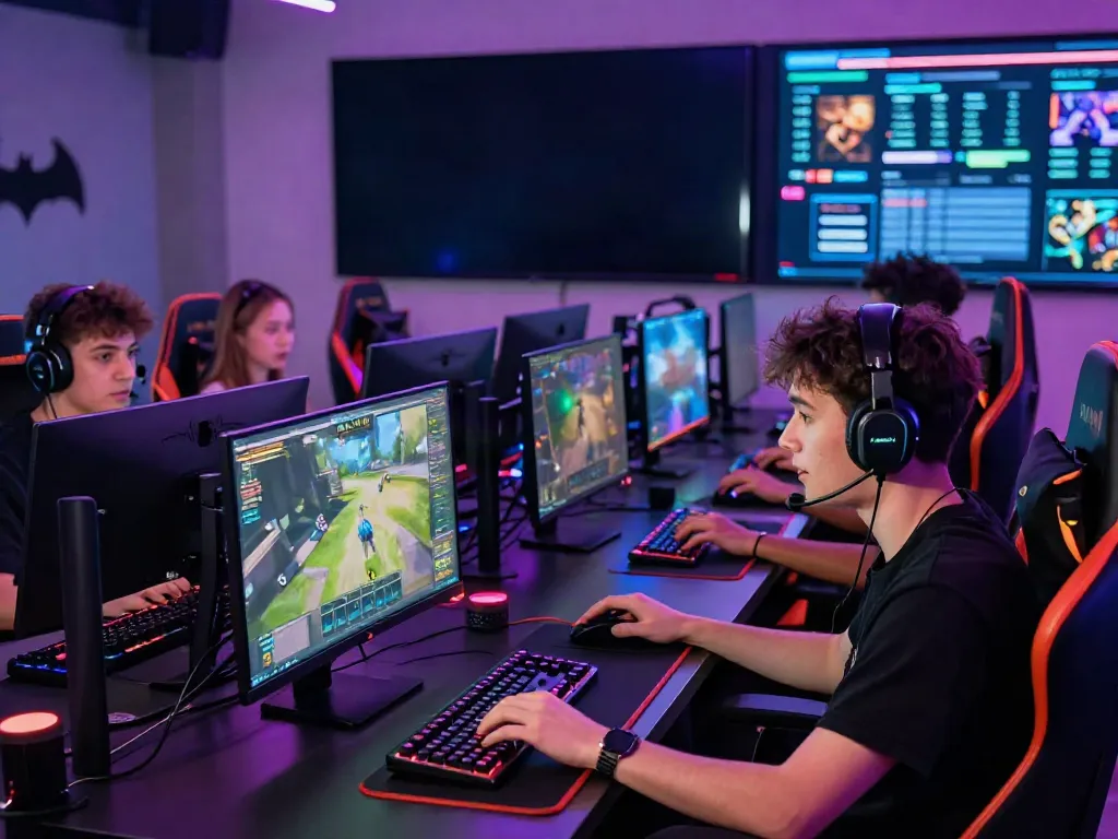 Engaged players in a modern gaming lounge showcasing dynamic gameplay on batman138 platform.