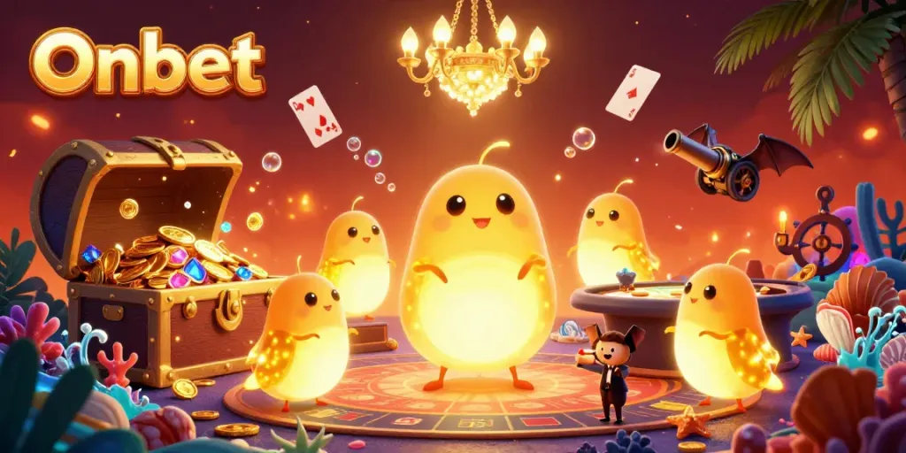 Experience the excitement of Onbet with glowworms illuminating a vibrant cave casino scene.
