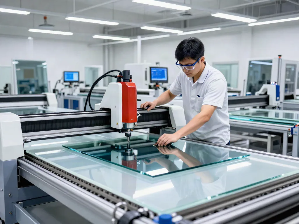 Glass cutting machine manufacturer in action, showcasing precision cutting of glass sheets by experienced technician.