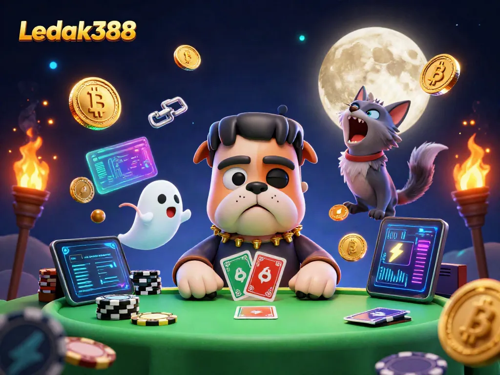 Engage with Ledak388's thrilling casino atmosphere featuring colorful characters and cryptocurrency elements.