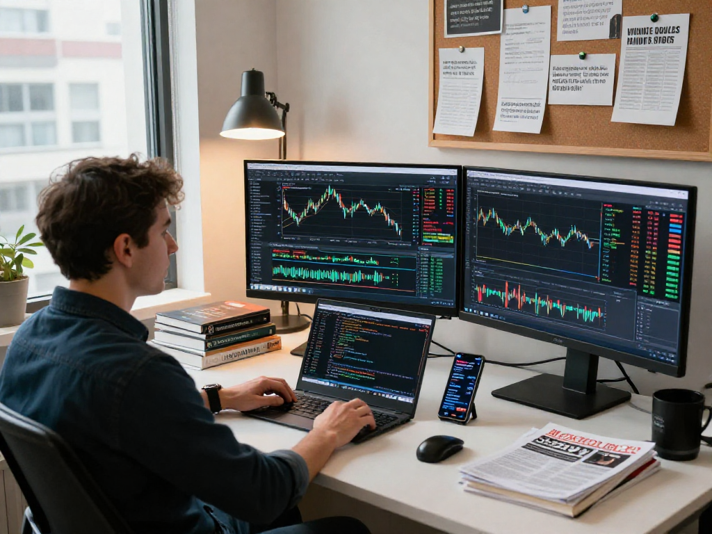 Trader analyzing markets on MetaTrader 5 with multiple monitors in a professional setup.