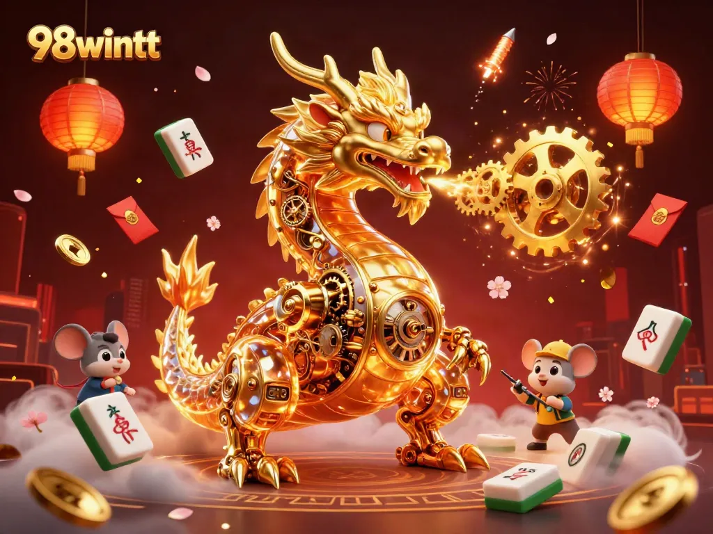 Experience thrilling gaming at 98wintt with golden gears, Chinese lanterns, and vibrant elements!
