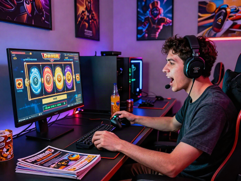 Excited player engaging with colorful bandar slot game on a high-spec monitor, gaming setup with immersive atmosphere.